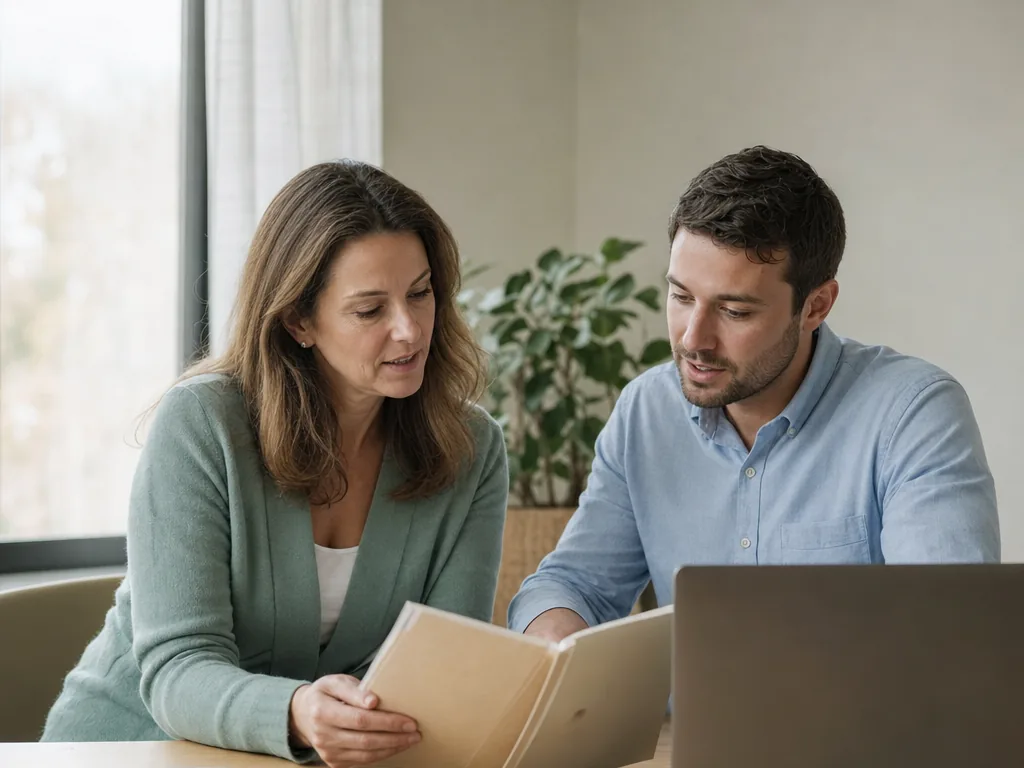 An HR manager and a colleague reviewing a benefits folder together at a table in a small office, warm window light.