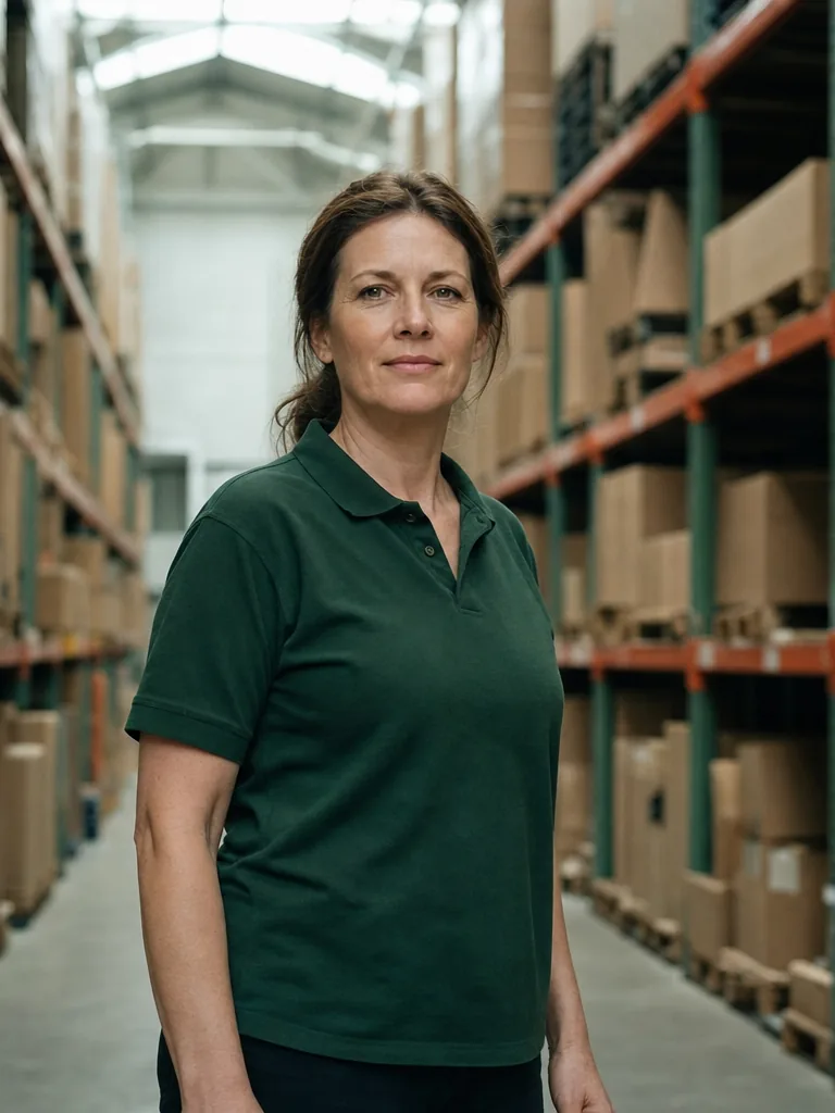 A warehouse team lead standing in an aisle, looking at the camera.