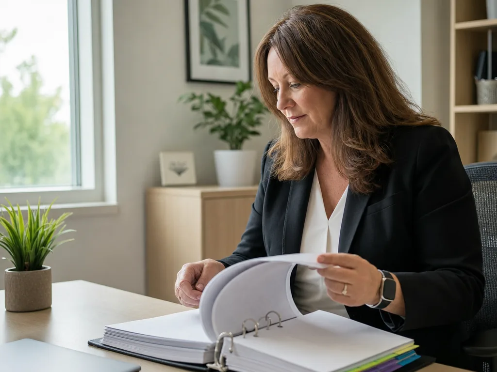 An HR manager at her desk opening a benefits binder with colored tab dividers.