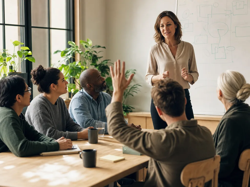 A small group of coworkers in a break room listening to a presenter at a whiteboard.